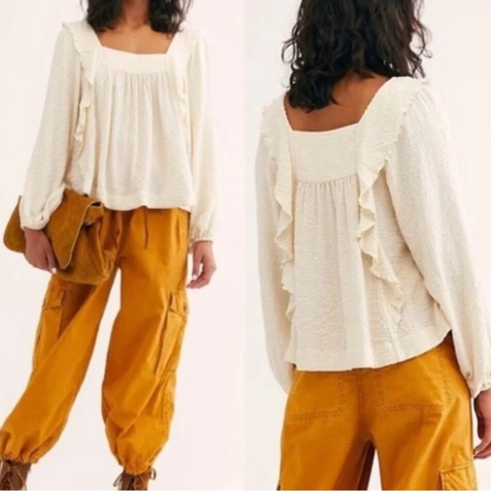 Free People Square Neck Ruffle Front Long Sleeve